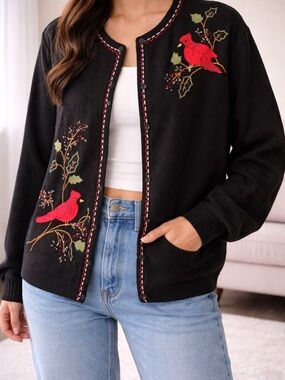 Alfred Dunner Cardinal Bird Sweater Cardigan Black Embroidered 2X Holiday